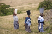 African Women carrying water as well as babies on their backs in South Africa